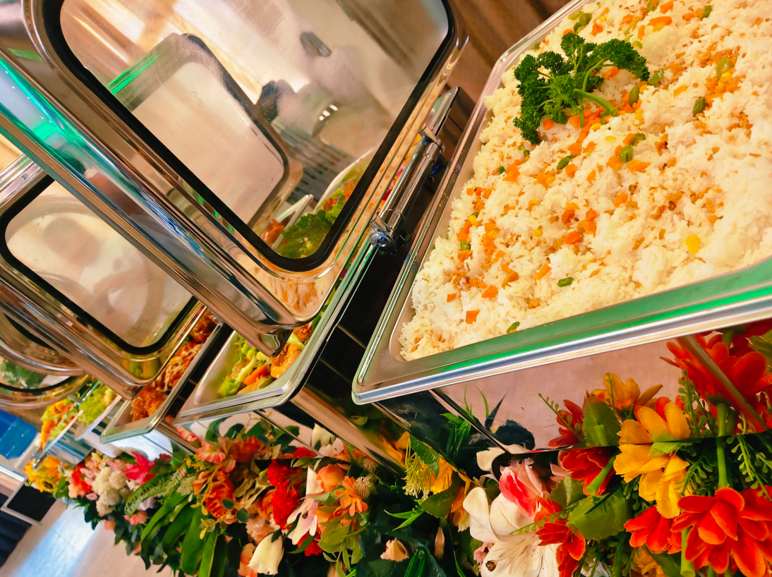 Close-up of halal chafing dishes